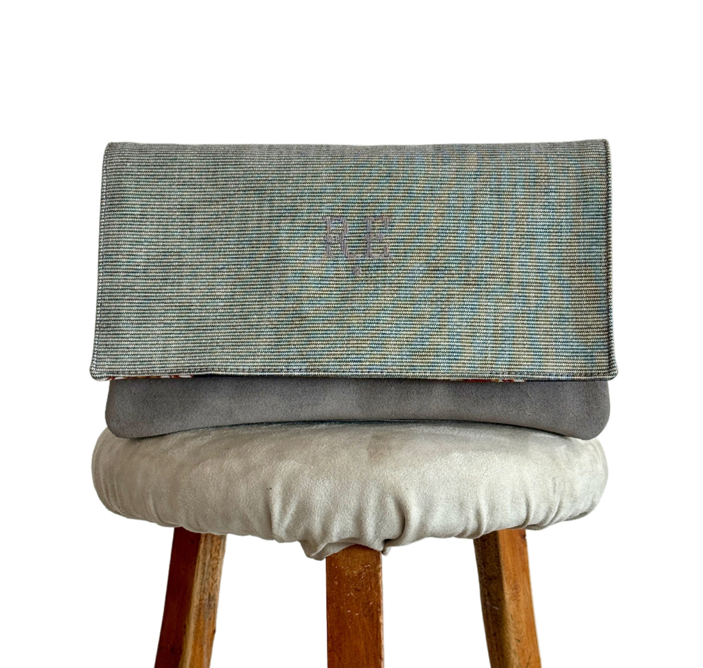 BINIALI CLUTCH - REMNANT FRENCH PINSTRIPE CANVAS & VINTAGE PRINTED COTTON - ONE-OF-A-KIND
