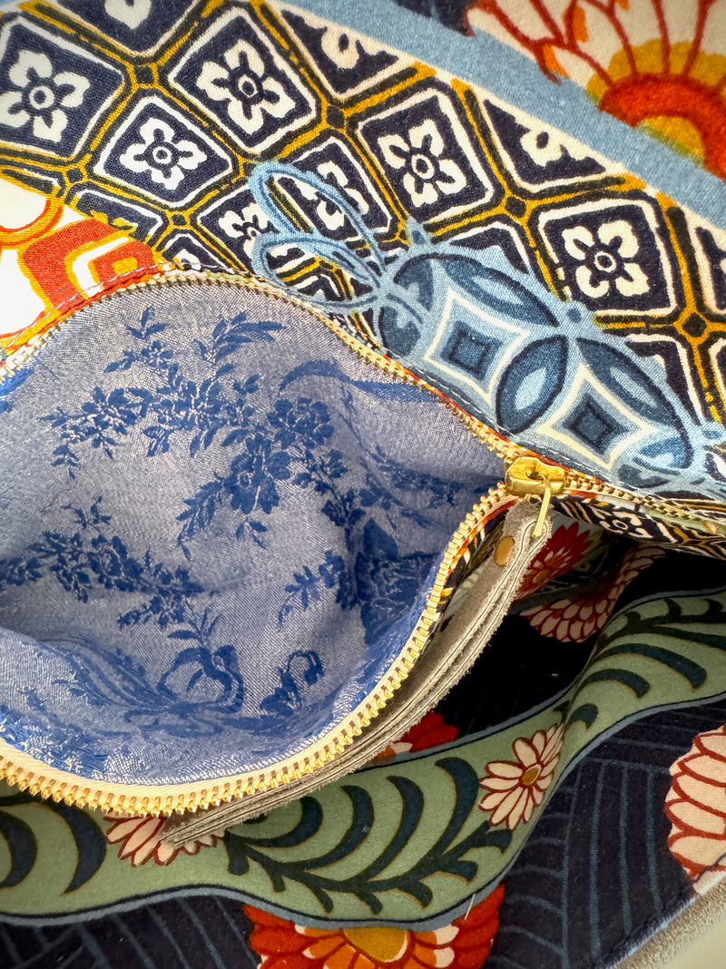 BINIALI CLUTCH - REMNANT FRENCH PINSTRIPE CANVAS & VINTAGE PRINTED COTTON - ONE-OF-A-KIND