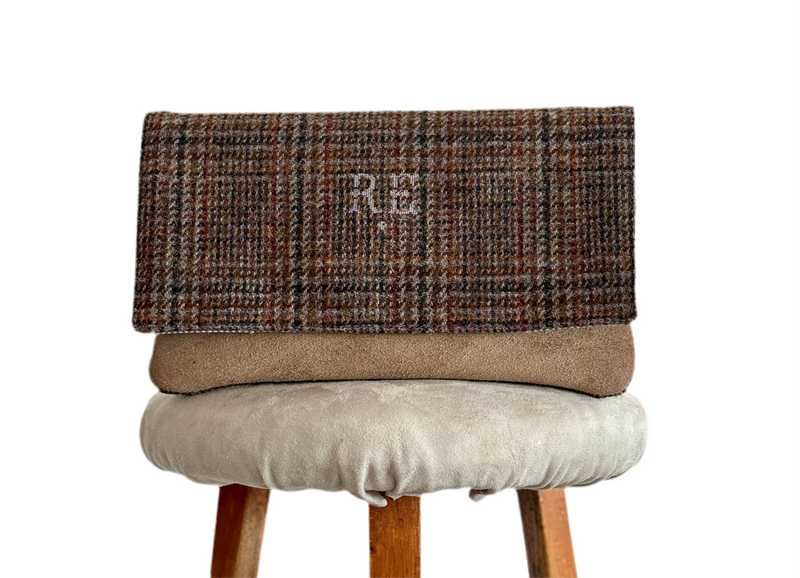 BINIALI CLUTCH - REMNANT HARRIS TWEED & VINTAGE PINSTRIPE COTTON- ONE-OF-ONE