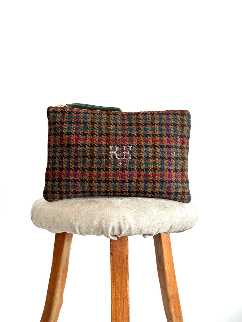 PETRA POUCH - REMNANT BRITISH  HOUNDSTOOTH & VINTAGE IKAT FABRIC  ONE OF ONE