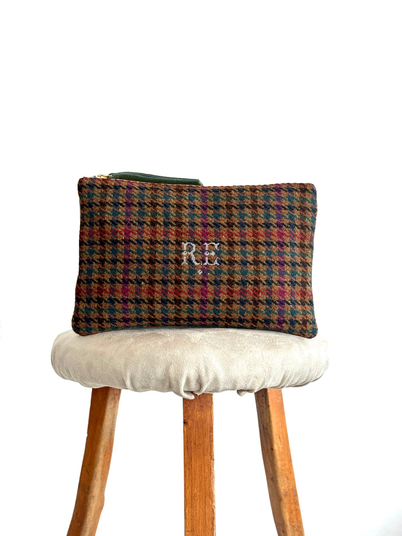 PETRA POUCH - REMNANT BRITISH  HOUNDSTOOTH & VINTAGE IKAT FABRIC  ONE OF ONE