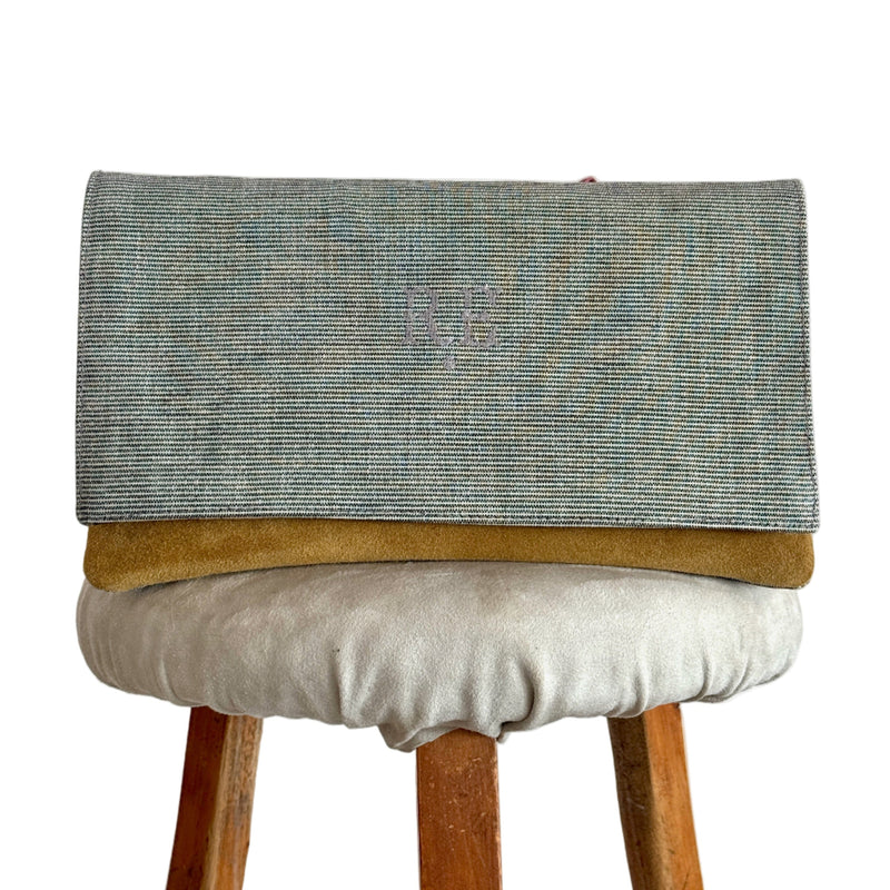 BINIALI CLUTCH - REMNANT FRENCH PINSTRIPE CANVAS & HAPPY HORSES - ONE-OF-A-KIND