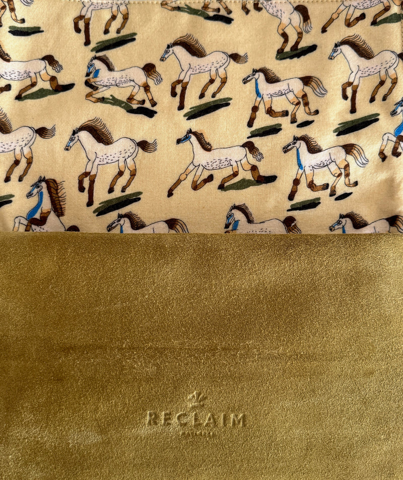 BINIALI CLUTCH - REMNANT FRENCH PINSTRIPE CANVAS & HAPPY HORSES - ONE-OF-A-KIND