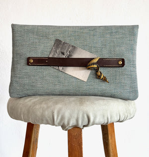 BINIALI CLUTCH - REMNANT FRENCH PINSTRIPE CANVAS & HAPPY HORSES - ONE-OF-A-KIND