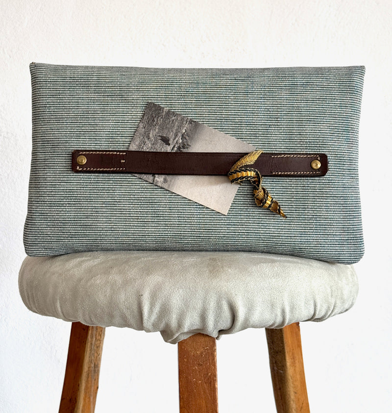 BINIALI CLUTCH - REMNANT FRENCH PINSTRIPE CANVAS & HAPPY HORSES - ONE-OF-A-KIND