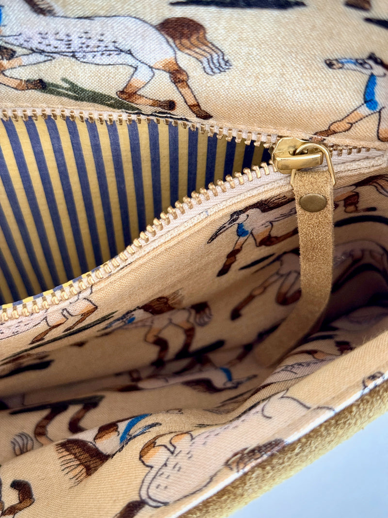 BINIALI CLUTCH - REMNANT FRENCH PINSTRIPE CANVAS & HAPPY HORSES - ONE-OF-A-KIND