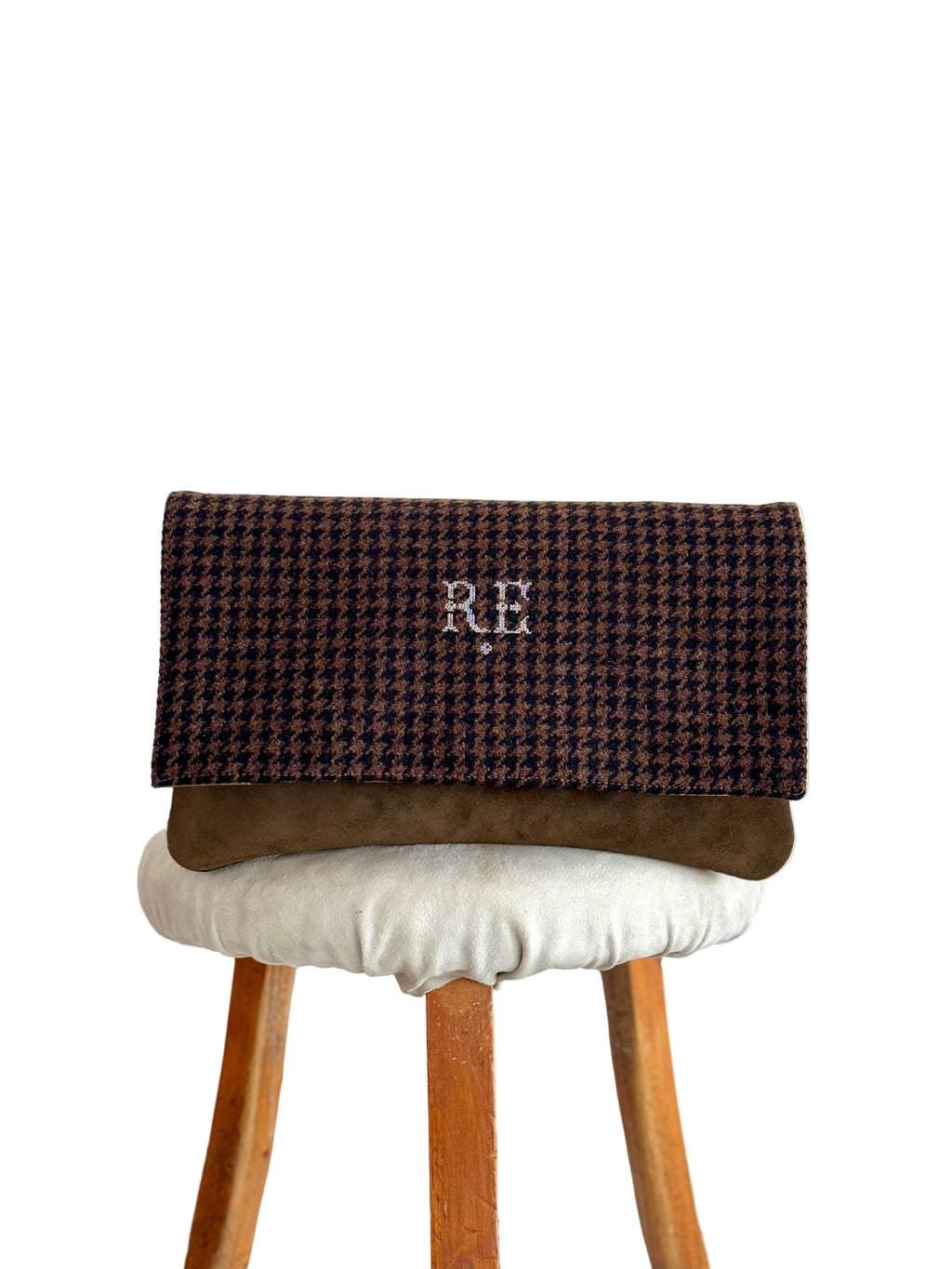 BINIALI CLUTCH - REMNANT BRITISH HOUNDSTOOTH & VINTAGE BIRDS & FLOWERS SILK - ONE-OF-ONE