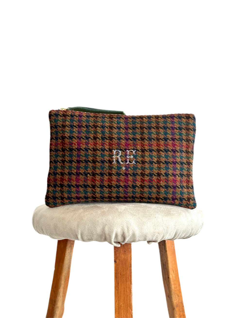 PETRA POUCH - REMNANT BRITISH  HOUNDSTOOTH & VINTAGE IKAT FABRIC  ONE OF ONE
