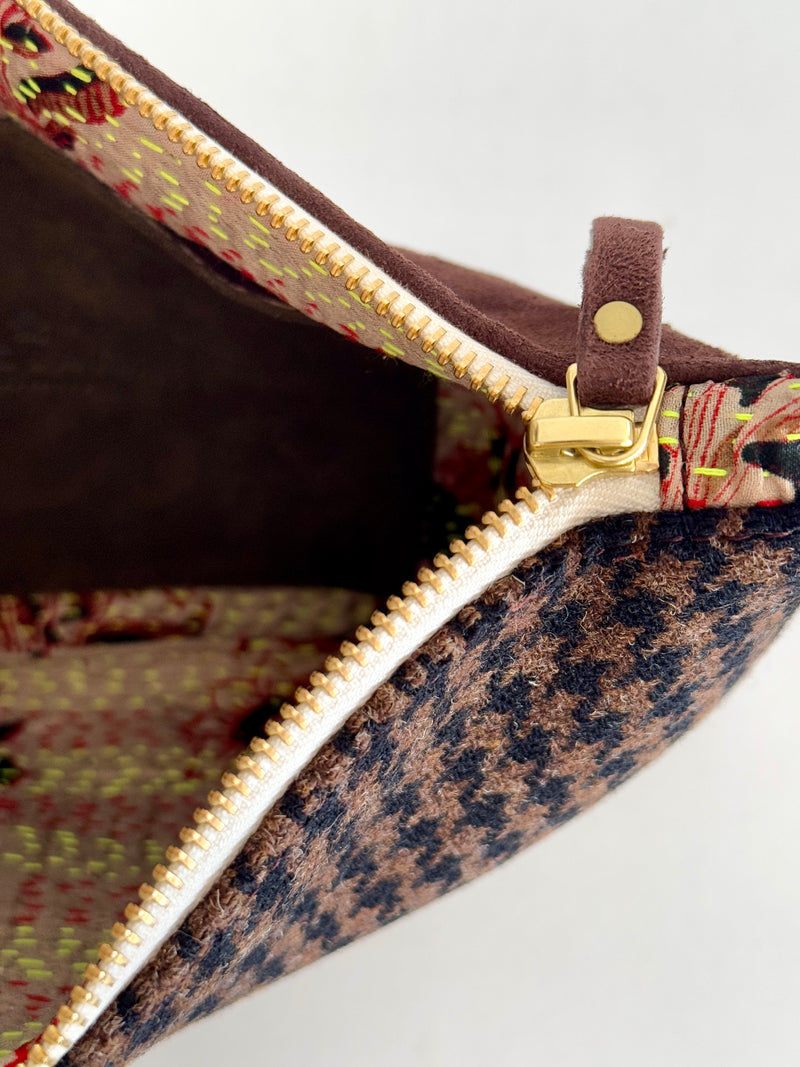 PETRA POUCH - REMNANT BRITISH  HOUNDSTOOTH & VINTAGE KANTHA FABRIC  ONE OF ONE