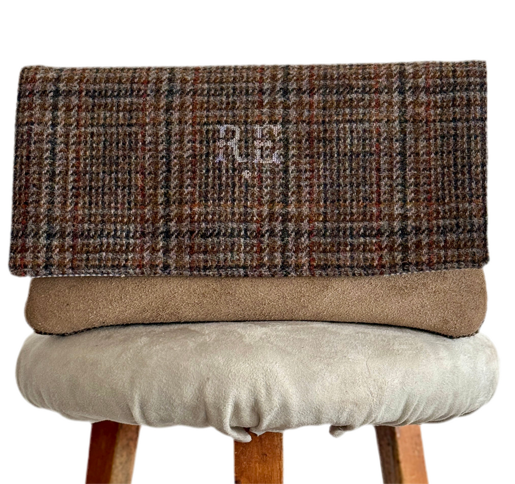 BINIALI CLUTCH - REMNANT HARRIS TWEED & VINTAGE PINSTRIPE COTTON- ONE-OF-ONE