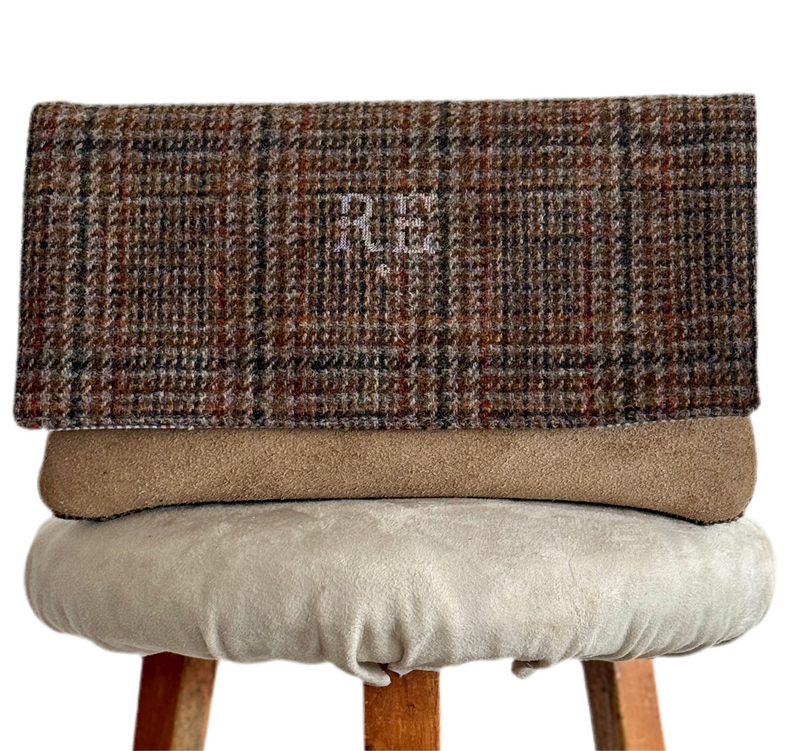 BINIALI CLUTCH - REMNANT HARRIS TWEED & VINTAGE PINSTRIPE COTTON- ONE-OF-ONE