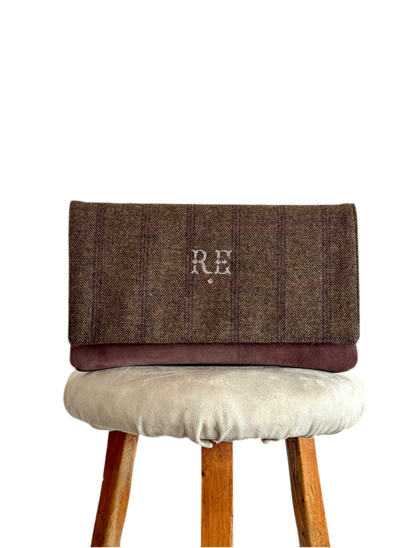 BINIALI CLUTCH - REMNANT ITALIAN HERRINGBONE TWEED & VINTAGE PATTERNED COTTON- ONE-OF-ONE