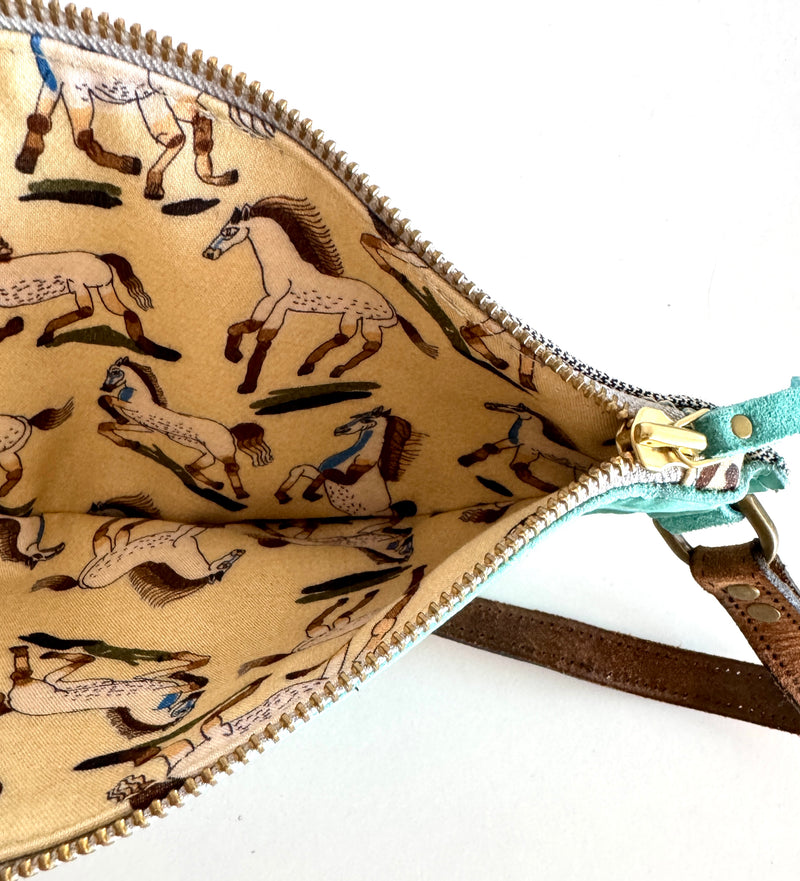 CAMPOS BELT BAG - TURQUOISE SUEDE HAPPY HORSES PRINT - ONE-OF-A-KIND
