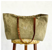 LIMITED EDITION KHAKI Recycled Waxed Canvas Tote With  Khaki Leaf Cotton Interior.