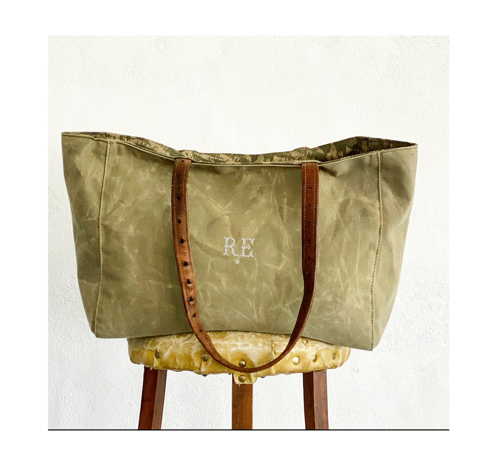 LIMITED EDITION KHAKI Recycled Waxed Canvas Tote With  Khaki Leaf Cotton Interior.