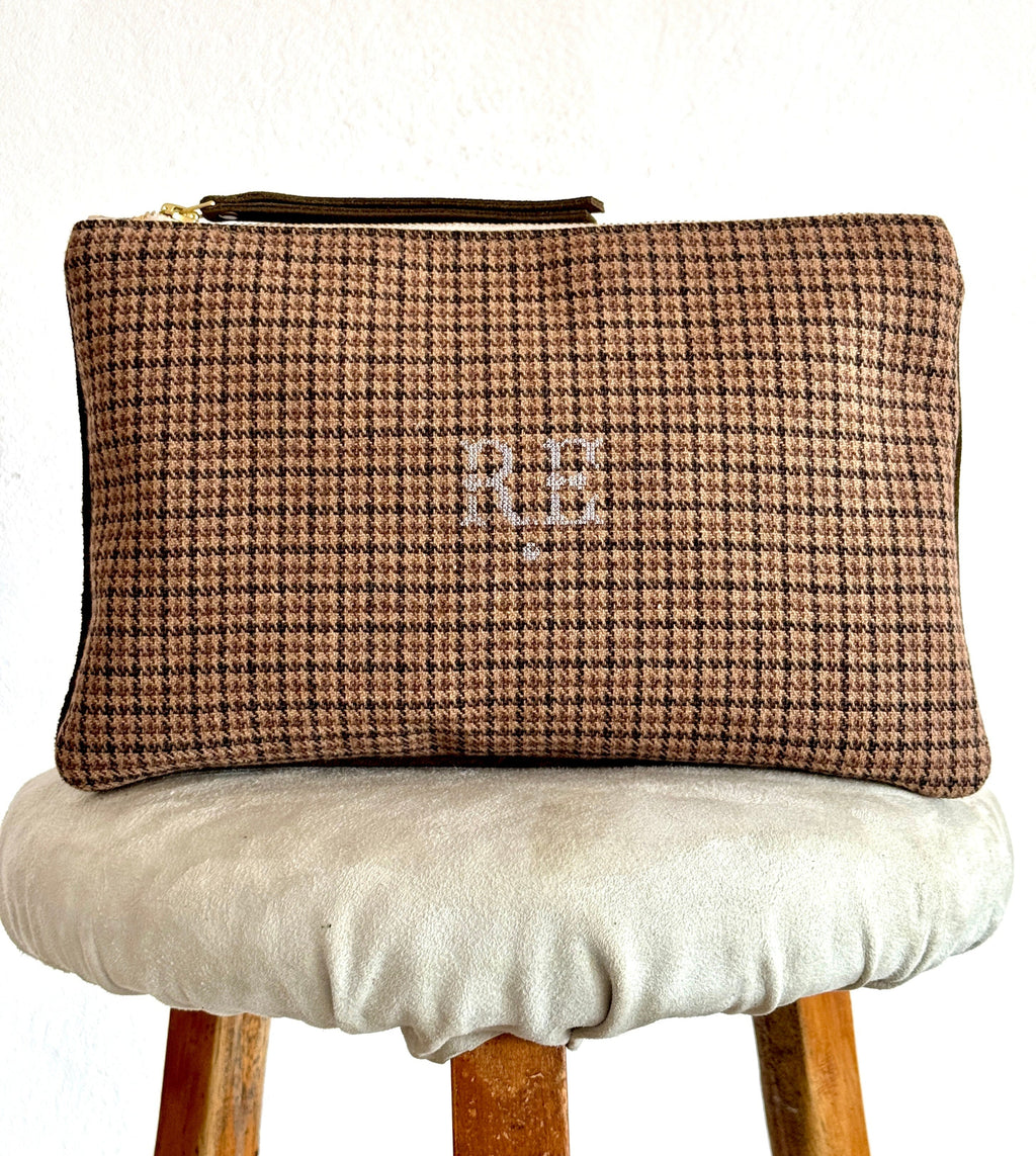 PETRA POUCH - REMNANT BRITISH  HOUNDSTOOTH TWEED & HAPPY HORSES  - ONE OF ONE