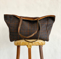 LIMITED EDITION TOTE - BROWN Recycled Waxed Canvas  With Italian Wool Charcoal, Russet, & Grey Prince of Wales Check Interior