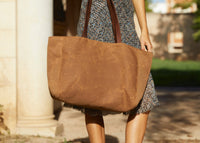 LIMITED EDITION TOTE - BROWN Recycled Waxed Canvas  With Italian Wool Charcoal, Russet, & Grey Prince of Wales Check Interior