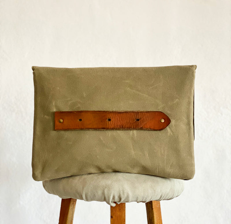 LIMITED EDITION KHAKI Recycled Waxed Canvas Laptop Case With  Khaki Leaf Cotton Interior.