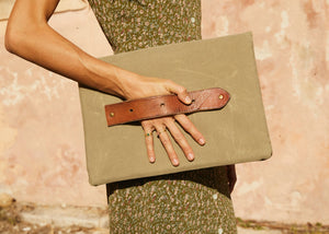 LIMITED EDITION KHAKI Recycled Waxed Canvas Laptop Case With  Khaki Leaf Cotton Interior.