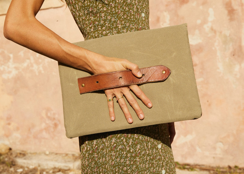 LIMITED EDITION KHAKI Recycled Waxed Canvas Laptop Case With  Khaki Leaf Cotton Interior.