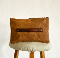 LIMITED EDITION Brown Recycled  Waxed Canvas Pouch With Italian Wool Charcoal, Russet, & Grey Prince of Wales Check Interior
