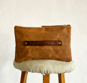 LIMITED EDITION Brown Recycled  Waxed Canvas Pouch With Italian Wool Charcoal, Russet, & Grey Prince of Wales Check Interior