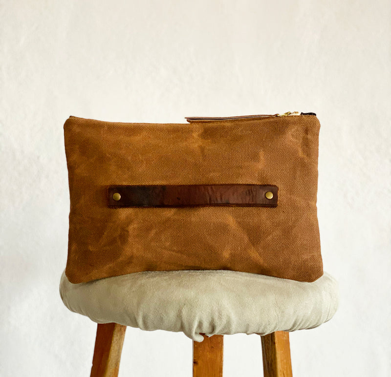 LIMITED EDITION Brown Recycled  Waxed Canvas Pouch With Italian Wool Charcoal, Russet, & Grey Prince of Wales Check Interior
