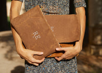 LIMITED EDITION Brown Recycled  Waxed Canvas Pouch With Italian Wool Charcoal, Russet, & Grey Prince of Wales Check Interior