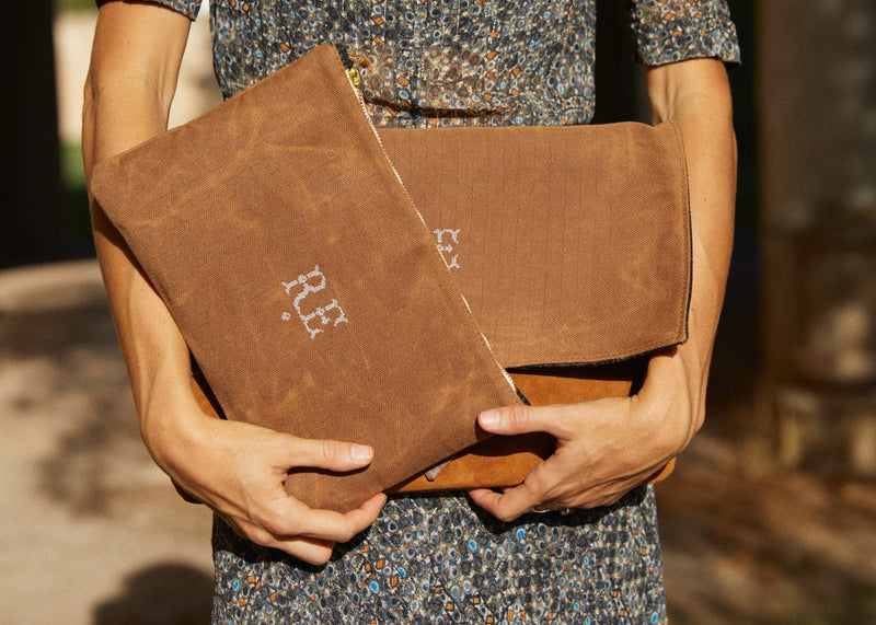 LIMITED EDITION Brown Recycled  Waxed Canvas Pouch With Italian Wool Charcoal, Russet, & Grey Prince of Wales Check Interior