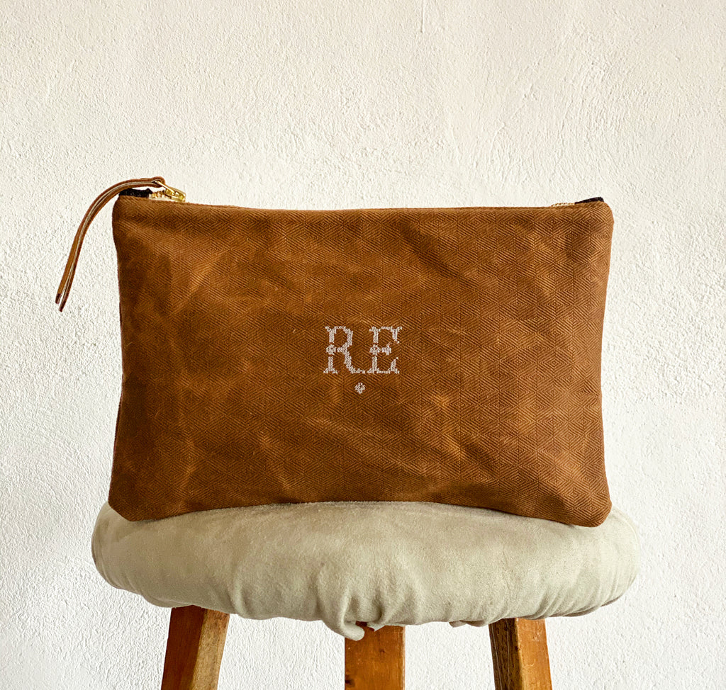 LIMITED EDITION Brown Recycled  Waxed Canvas Pouch With Italian Wool Charcoal, Russet, & Grey Prince of Wales Check Interior
