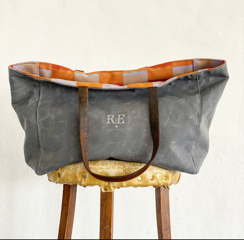 LIMITED EDITION Recycled Waxed Canvas TOTE BAG With Blue & Orange Cotton Herringbone Weave Interior