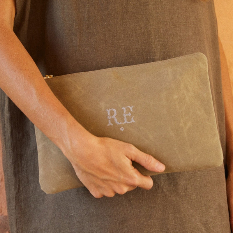LIMITED EDITION KHAKI Recycled Waxed Canvas Pouch With Khaki Leaf Cotton Interior.