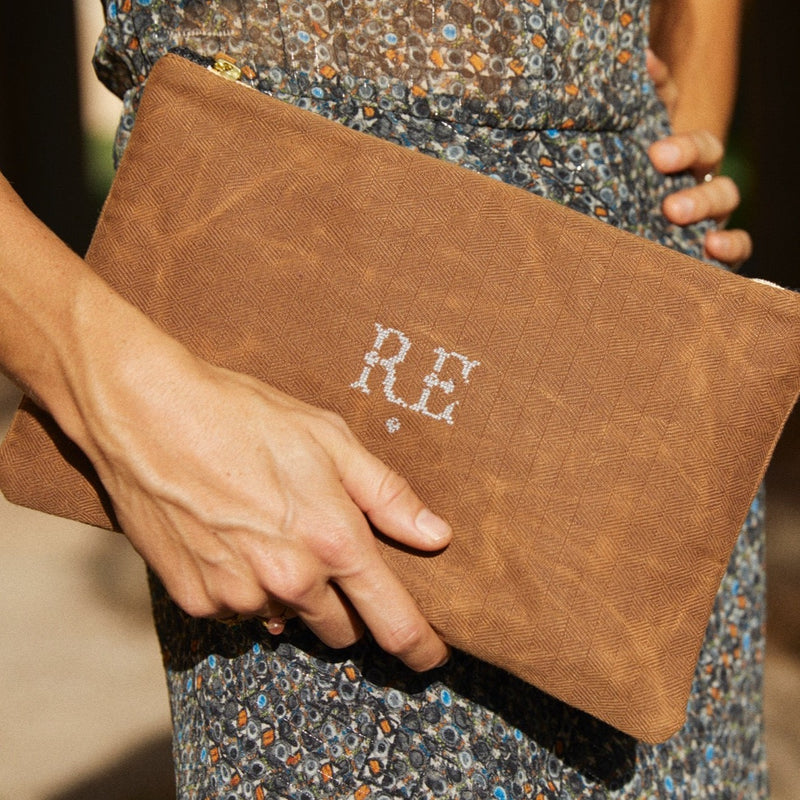 LIMITED EDITION Brown Recycled  Waxed Canvas Pouch With Italian Wool Charcoal, Russet, & Grey Prince of Wales Check Interior