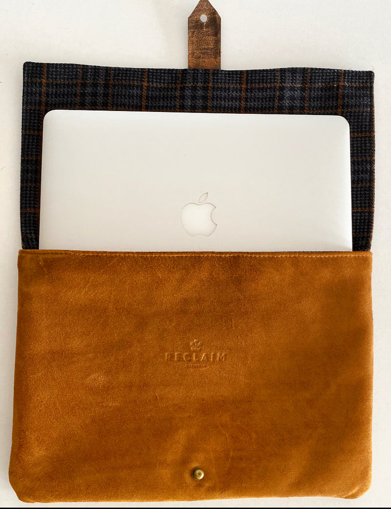 LIMITED EDITION Brown Recycled Waxed Canvas Laptop Case With Italian Wool Charcoal, Russet, & Grey Prince of Wales Check Interior