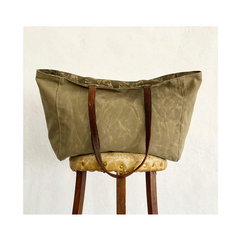LIMITED EDITION KHAKI Recycled Waxed Canvas Tote With  Khaki Leaf Cotton Interior.