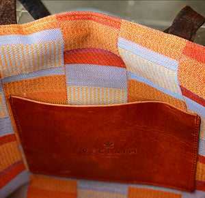 LIMITED EDITION Recycled Waxed Canvas TOTE BAG With Blue & Orange Cotton Herringbone Weave Interior