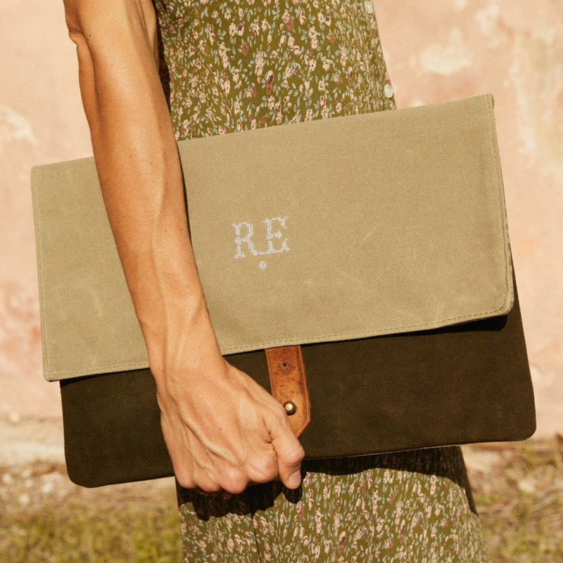 LIMITED EDITION KHAKI Recycled Waxed Canvas Laptop Case With  Khaki Leaf Cotton Interior.