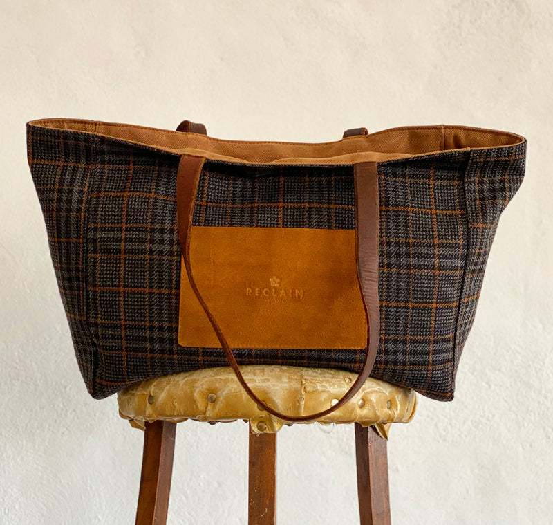 LIMITED EDITION TOTE - BROWN Recycled Waxed Canvas  With Italian Wool Charcoal, Russet, & Grey Prince of Wales Check Interior