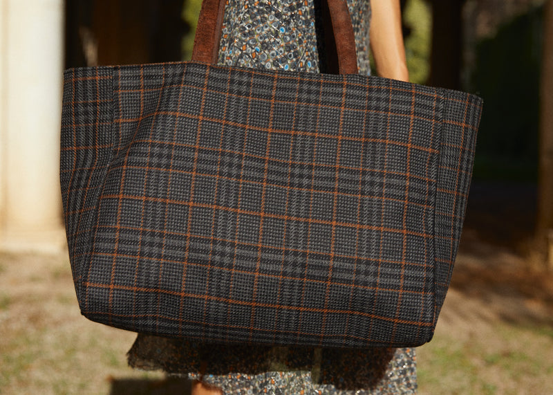 LIMITED EDITION TOTE - BROWN Recycled Waxed Canvas  With Italian Wool Charcoal, Russet, & Grey Prince of Wales Check Interior